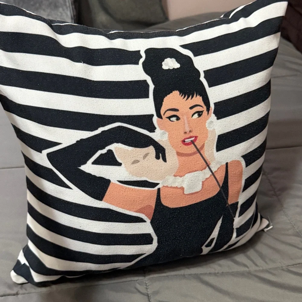 Audrey Hepburn Holly Golightly Breakfast at Tiffany’s Throw Pillow Striped